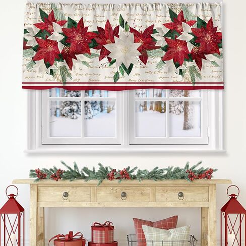 JarThenaAMCS 2Pcs Christmas Curtain Valance 54 x 18 Inch Poinsettia Flower Valance Curtain Rod Pocket Red Beige Floral Short Window Treatment for Xmas Home Party Window Decor in Saudi Arabia