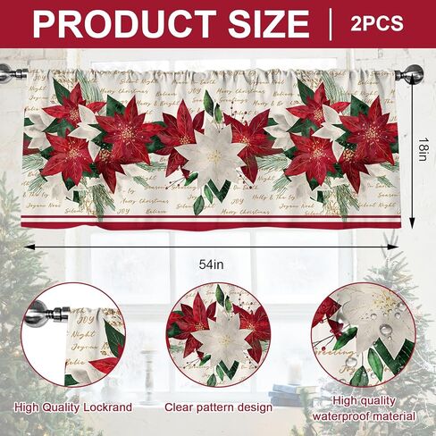JarThenaAMCS 2Pcs Christmas Curtain Valance 54 x 18 Inch Poinsettia Flower Valance Curtain Rod Pocket Red Beige Floral Short Window Treatment for Xmas Home Party Window Decor in Saudi Arabia