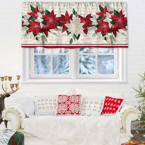 JarThenaAMCS 2Pcs Christmas Curtain Valance 54 x 18 Inch Poinsettia Flower Valance Curtain Rod Pocket Red Beige Floral Short Window Treatment for Xmas Home Party Window Decor in Saudi Arabia