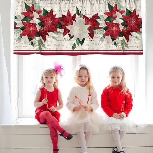 JarThenaAMCS 2Pcs Christmas Curtain Valance 54 x 18 Inch Poinsettia Flower Valance Curtain Rod Pocket Red Beige Floral Short Window Treatment for Xmas Home Party Window Decor in Saudi Arabia
