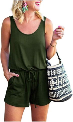 Dreamskull Women Summer Solid Short Jumpsuits Scoop V Neck Sleeeless Drawstring Waist Casual Tank Top Rompers with Pockets… in Saudi Arabia