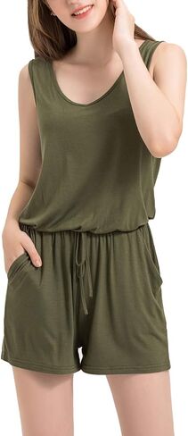 Dreamskull Women Summer Solid Short Jumpsuits Scoop V Neck Sleeeless Drawstring Waist Casual Tank Top Rompers with Pockets… in Saudi Arabia
