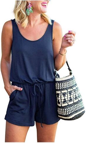 Dreamskull Women Summer Solid Short Jumpsuits Scoop V Neck Sleeeless Drawstring Waist Casual Tank Top Rompers with Pockets… in Saudi Arabia