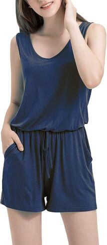 Dreamskull Women Summer Solid Short Jumpsuits Scoop V Neck Sleeeless Drawstring Waist Casual Tank Top Rompers with Pockets… in Saudi Arabia