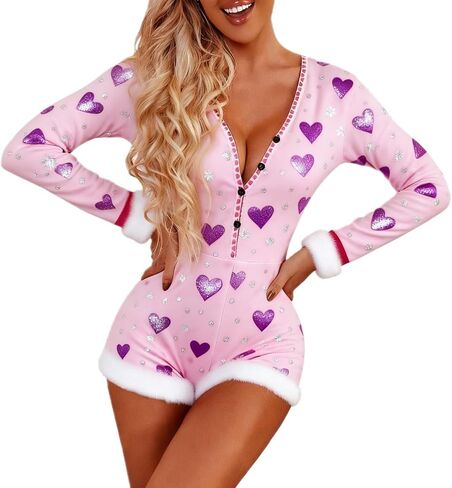 Women valentines day Romper Pajama Set Long Sleeve Shorts Jumpsuit Y2k Cute Heart Print Lounge Sleep Pj Outfit in Saudi Arabia