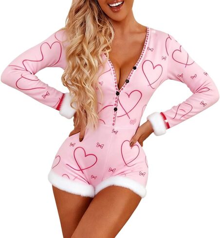 Women valentines day Romper Pajama Set Long Sleeve Shorts Jumpsuit Y2k Cute Heart Print Lounge Sleep Pj Outfit in Saudi Arabia