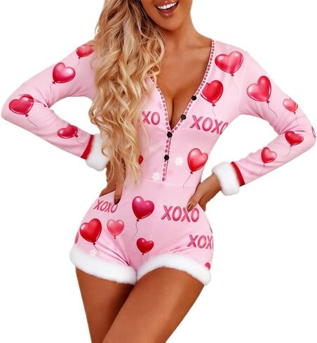 Women valentines day Romper Pajama Set Long Sleeve Shorts Jumpsuit Y2k Cute Heart Print Lounge Sleep Pj Outfit in Saudi Arabia