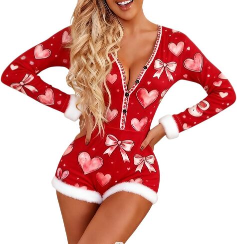 Women valentines day Romper Pajama Set Long Sleeve Shorts Jumpsuit Y2k Cute Heart Print Lounge Sleep Pj Outfit in Saudi Arabia