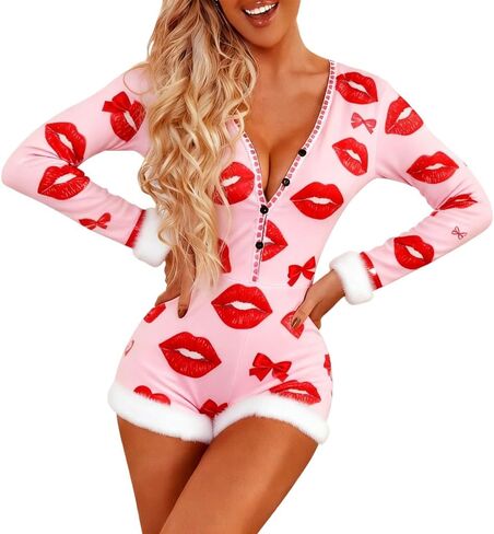 Women valentines day Romper Pajama Set Long Sleeve Shorts Jumpsuit Y2k Cute Heart Print Lounge Sleep Pj Outfit in Saudi Arabia