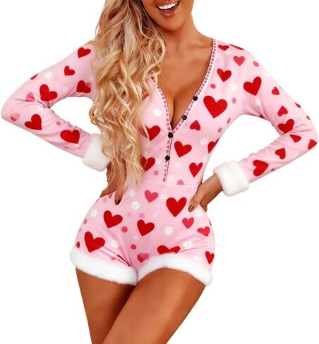 Women valentines day Romper Pajama Set Long Sleeve Shorts Jumpsuit Y2k Cute Heart Print Lounge Sleep Pj Outfit in Saudi Arabia
