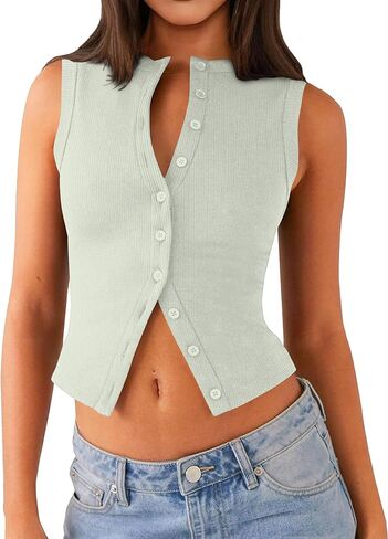 Womens Going Out Tops Summer Spring Ribbed Tank Sexy Crop Cute Y2K Button Down T Shirts Fashion Clothes 2025 in Saudi Arabia