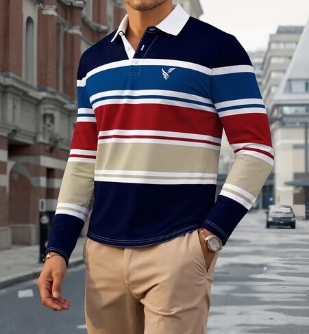 Men's Casual Polo Shirts Classic Button Slim-Fit Breathable Long Sleeve Shirt Striped 3D Printing Stylish Tops, S-2XL in Saudi Arabia