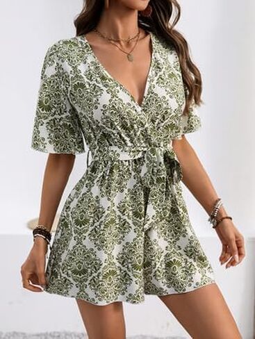 Summer for Women's Deep V Neck Puff Boho Short Sleeve A Line Dresses in Saudi Arabia