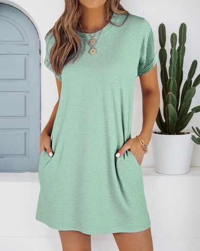 Women's T Shirt Mini Dress Short Sleeve Casual Beach Vacation Sundress with Pockets in Saudi Arabia