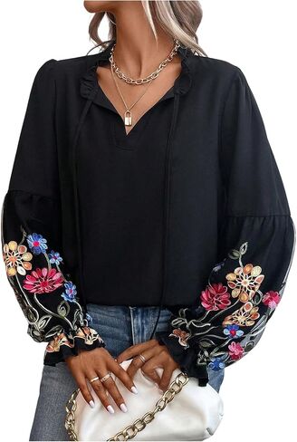 SHENHE Women's Floral Embroidered Peasant Blouse Tie Neck Lantern Sleeve Dressy Casual Fall Top in Saudi Arabia