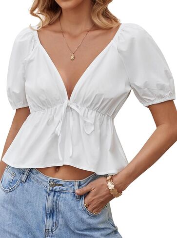 Remidoo Women's Sexy Deep V Neck Peplum Tops Ruffle Hem Puff Short Sleeve Crop Top Blouse in Saudi Arabia