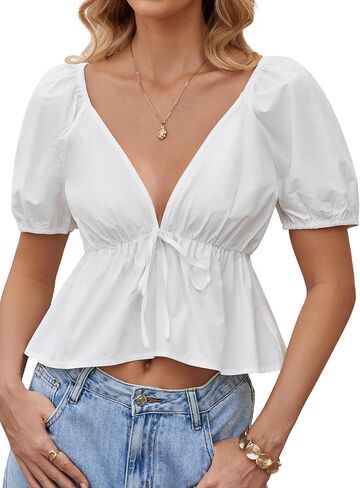 Remidoo Women's Sexy Deep V Neck Peplum Tops Ruffle Hem Puff Short Sleeve Crop Top Blouse in Saudi Arabia