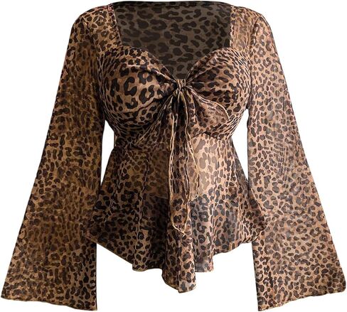 Women's Plus Size Bell Sleeve Cheetah Blouse Dressy Tie Front Leopard Print Peplum Babydoll Shirts in Saudi Arabia