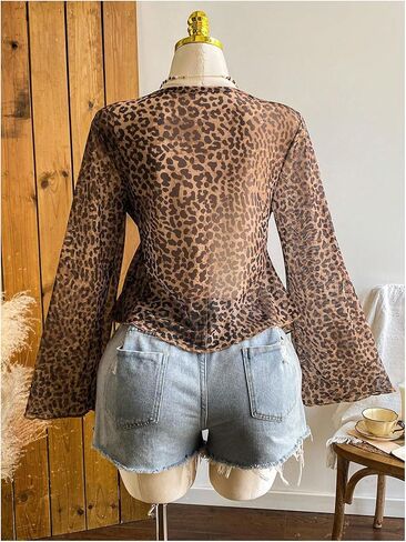 Women's Plus Size Bell Sleeve Cheetah Blouse Dressy Tie Front Leopard Print Peplum Babydoll Shirts in Saudi Arabia