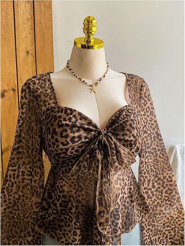Women's Plus Size Bell Sleeve Cheetah Blouse Dressy Tie Front Leopard Print Peplum Babydoll Shirts in Saudi Arabia