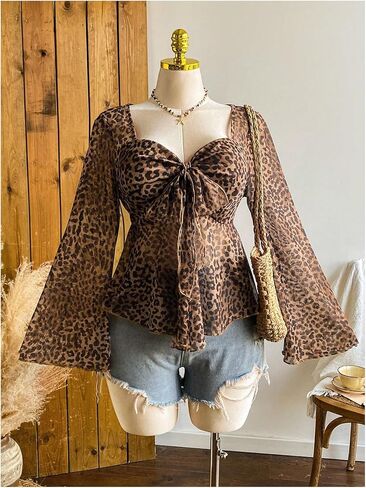 Women's Plus Size Bell Sleeve Cheetah Blouse Dressy Tie Front Leopard Print Peplum Babydoll Shirts in Saudi Arabia