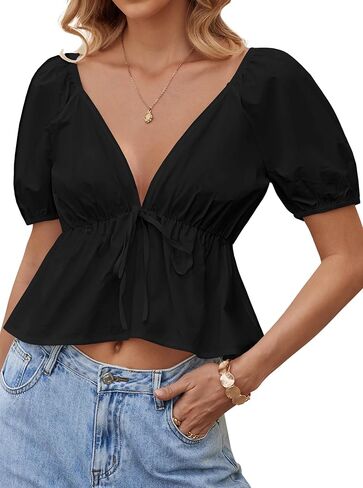 Remidoo Women's Sexy Deep V Neck Peplum Tops Ruffle Hem Puff Short Sleeve Crop Top Blouse in Saudi Arabia