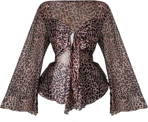 Women's Plus Size Bell Sleeve Cheetah Blouse Dressy Tie Front Leopard Print Peplum Babydoll Shirts in Saudi Arabia