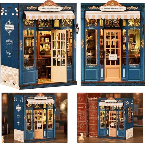 ISSEVE DIY Book Nook Kit, 3D Wooden Puzzle DIY Miniature House Kit for Book Nook Shelf Insert Decoration, Magic Book House Stand Bookshelf Dollhouse for Adults with Sensor Light (Library of Books) in Kuwait
