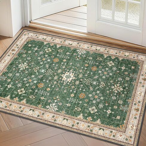 MUJOO 2x3 Small Rug,Green Washable Area Rugs for Entryway Entry Bedside Kitchen Bathroom,Boho Front Door Mat Indoor Entrance Throw Carpet Vintage Non Slip Low Pile in Saudi Arabia
