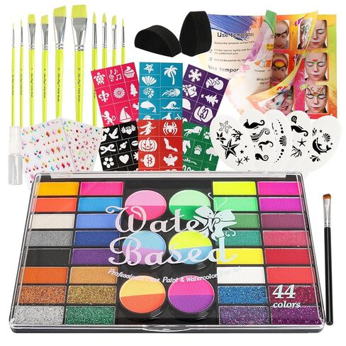 42 Color Face Painting Kit for Kids - Water Based, Non Toxic Face paint palette with Art Brushes, Stencils, Gems - For Halloween, Carnival, Costume Makeup, Parties & Cosplay in Saudi Arabia
