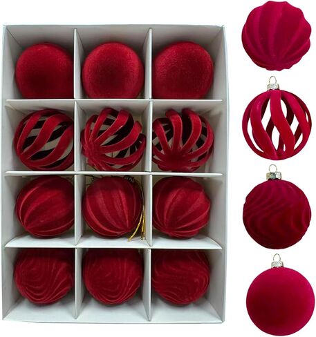 Velvet Christmas Balls, 12PCS Flocked Decoration Balls Ornaments Sets, Bulk Flocked Christmas Tree Ball Ornaments(2.2In) (Red) in Saudi Arabia