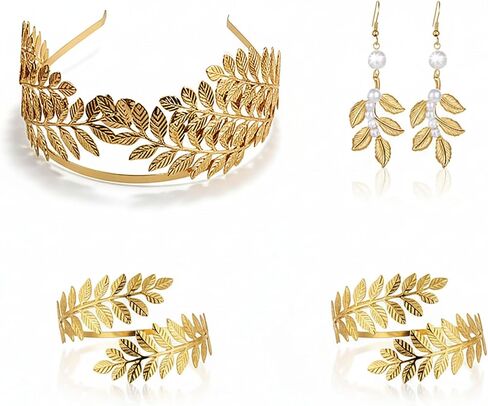 5 Pcs Greek Roman Goddess Jewelry Set, Gold Laurel Leaf Headpiece, Leaf Arm Cuff, Coil Bracelet, Leaf Dangle Earrings for Bridal Wedding, Halloween Festival, Toga Party Cosplay in Saudi Arabia
