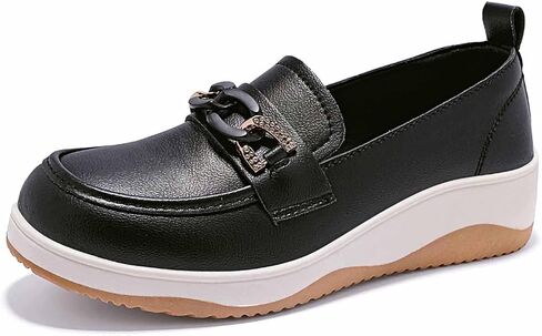 Women's Leather Shiny Metal Chain Platform Slip On Loafers Retro Round Toe Thick Sole Lightweight Casual Shoes Non Slip Comfort Walking Work Shoes for Daily Walking Office in Saudi Arabia