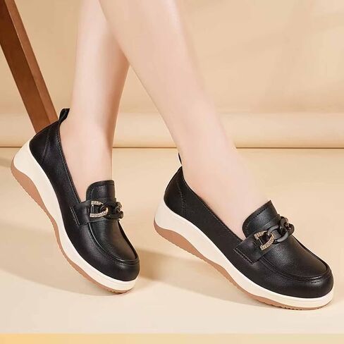 Women's Leather Shiny Metal Chain Platform Slip On Loafers Retro Round Toe Thick Sole Lightweight Casual Shoes Non Slip Comfort Walking Work Shoes for Daily Walking Office in Saudi Arabia
