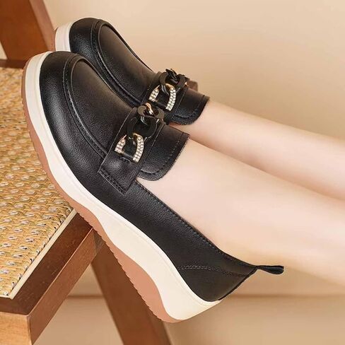 Women's Leather Shiny Metal Chain Platform Slip On Loafers Retro Round Toe Thick Sole Lightweight Casual Shoes Non Slip Comfort Walking Work Shoes for Daily Walking Office in Saudi Arabia
