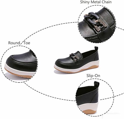 Women's Leather Shiny Metal Chain Platform Slip On Loafers Retro Round Toe Thick Sole Lightweight Casual Shoes Non Slip Comfort Walking Work Shoes for Daily Walking Office in Saudi Arabia