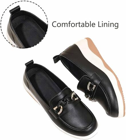 Women's Leather Shiny Metal Chain Platform Slip On Loafers Retro Round Toe Thick Sole Lightweight Casual Shoes Non Slip Comfort Walking Work Shoes for Daily Walking Office in Saudi Arabia