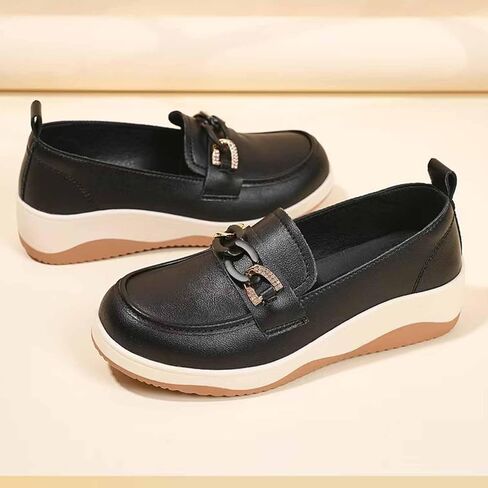 Women's Leather Shiny Metal Chain Platform Slip On Loafers Retro Round Toe Thick Sole Lightweight Casual Shoes Non Slip Comfort Walking Work Shoes for Daily Walking Office in Saudi Arabia