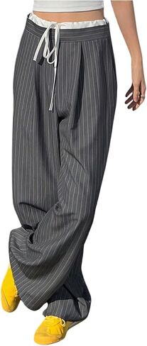 GORGLITTER Women's Low Rise Trousers Dress Pants Dressy Striped Wide Leg Color Block Pleated Baggy Dress Pants Casual Slacks in Saudi Arabia
