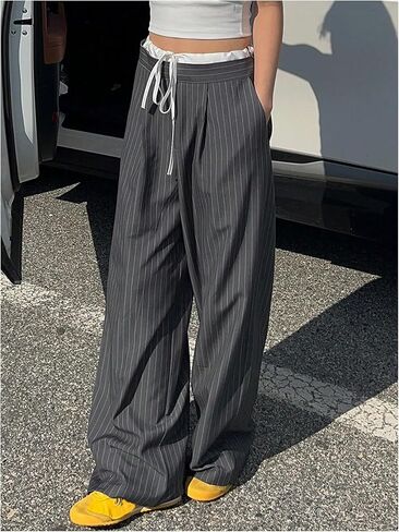 GORGLITTER Women's Low Rise Trousers Dress Pants Dressy Striped Wide Leg Color Block Pleated Baggy Dress Pants Casual Slacks in Saudi Arabia