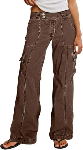 Flamingals Womens Vintage Washed Cargo Pants Mid Waist Wide Straight Leg Flap Pocket Seam Front Streetwear Trousers Pants in Kuwait