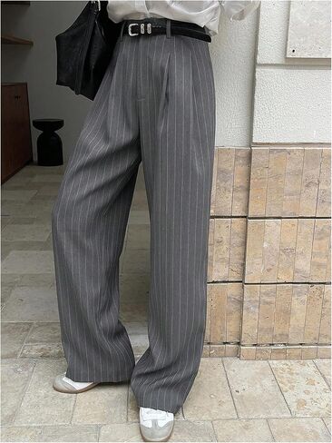 GORGLITTER Women's Low Rise Trouser Dress Pants Dressy Striped Pleated Wide Leg Office Business Casual Slacks Pants in Saudi Arabia