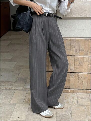 GORGLITTER Women's Low Rise Trouser Dress Pants Dressy Striped Pleated Wide Leg Office Business Casual Slacks Pants in Saudi Arabia