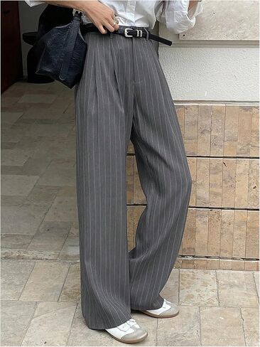 GORGLITTER Women's Low Rise Trouser Dress Pants Dressy Striped Pleated Wide Leg Office Business Casual Slacks Pants in Saudi Arabia