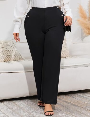 ShopWonder Plus Size Dress Pants for Women Stretch Pull On Flare Pants Pockets Dressy Business Casual Work Pants in Saudi Arabia