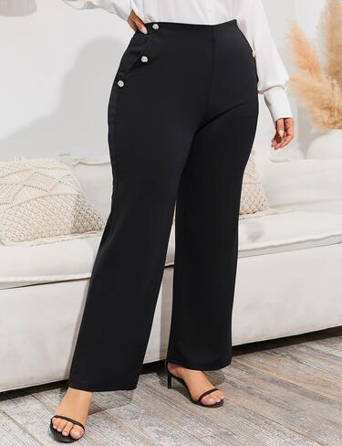 ShopWonder Plus Size Dress Pants for Women Stretch Pull On Flare Pants Pockets Dressy Business Casual Work Pants in Saudi Arabia
