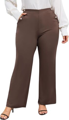 ShopWonder Plus Size Dress Pants for Women Stretch Pull On Flare Pants Pockets Dressy Business Casual Work Pants in Saudi Arabia