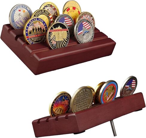 Military Challenge Coins Display Holder Solid Wood,Challenge Coin Stand Holds 30 Coins , 4 Row Military Coin Holder Rack for Desk,Challenge Coin Display Case for Collectors, Red in Kuwait