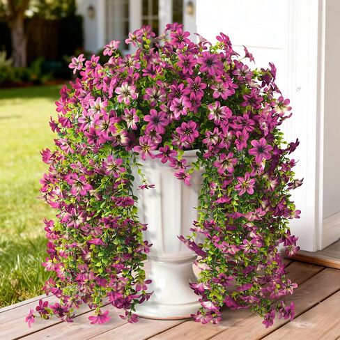 Artificial Hanging Flowers for Outdoors, 2 Pcs Fake Hanging Plant Spring Summer Decor, UV Resistant No Fade Realistic Faux Flower for Front Door Porch Planter Patio Garden Yard(Light Purple Red) in Kuwait