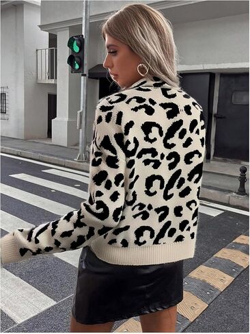 OYOANGLE Women's Leopard Print Sweater Long Sleeve Mock Neck Drop Shoulder Knitted Tops in Saudi Arabia